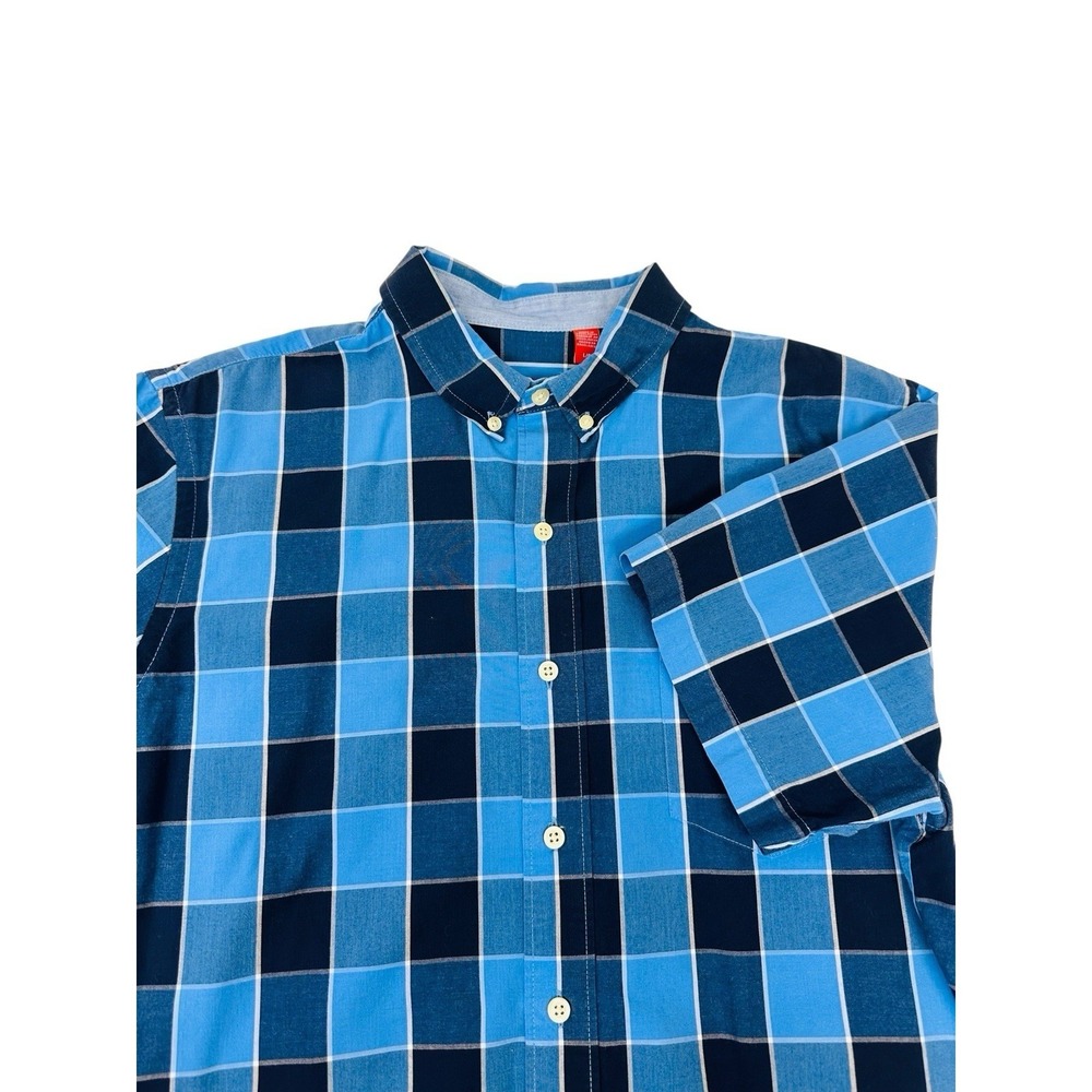IZOD Men`s Saltwater Blue Black Short Sleeve Button Down Plaid Shirt Size Large